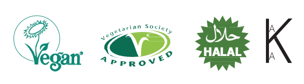 Registered with the Vegan and Vegetarian Societies and are Kosher and Halal - certified logos